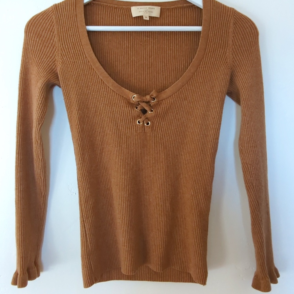 Sezane Soizac Jumper Ribbed Lace-Up Long Sleeve Top in Camel XS